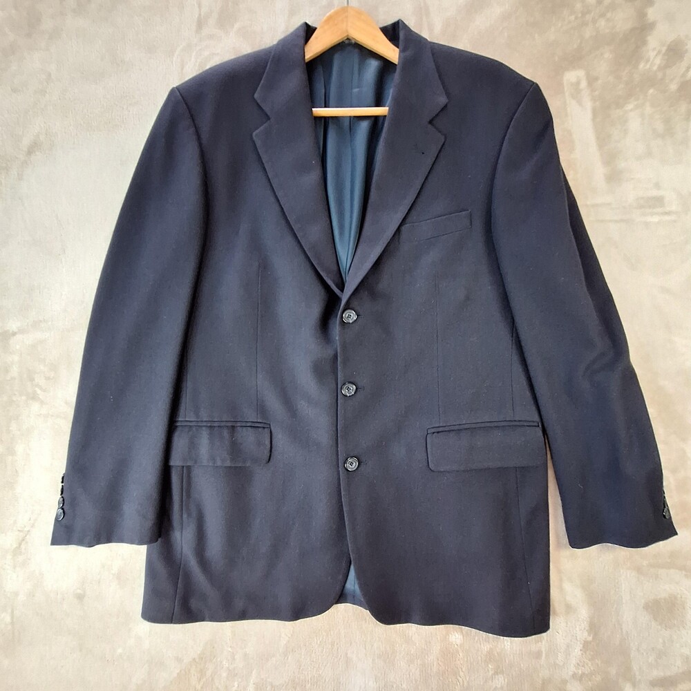 Oscar De La Renta Suit Jacket Mens 44 Long Blue Wool Cashmere Ventless 3 Button